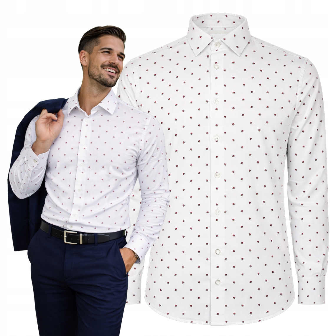 Koszula męska Victorio biała wizytowa wzór róże Z Elastanem regular XXL