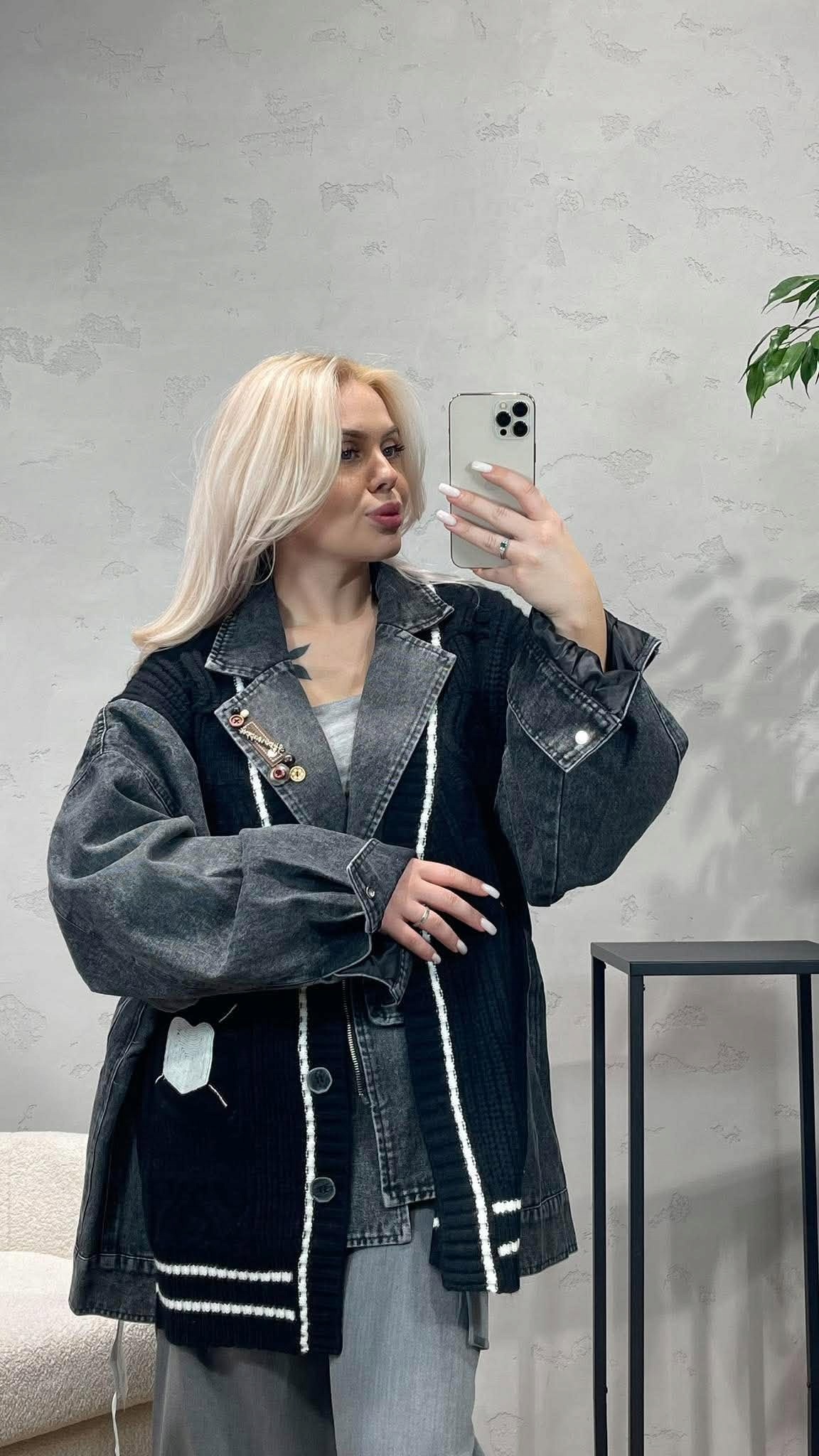 Dlouhá Hybridní Bunda Denim Knit Černá/modrá Univerzální