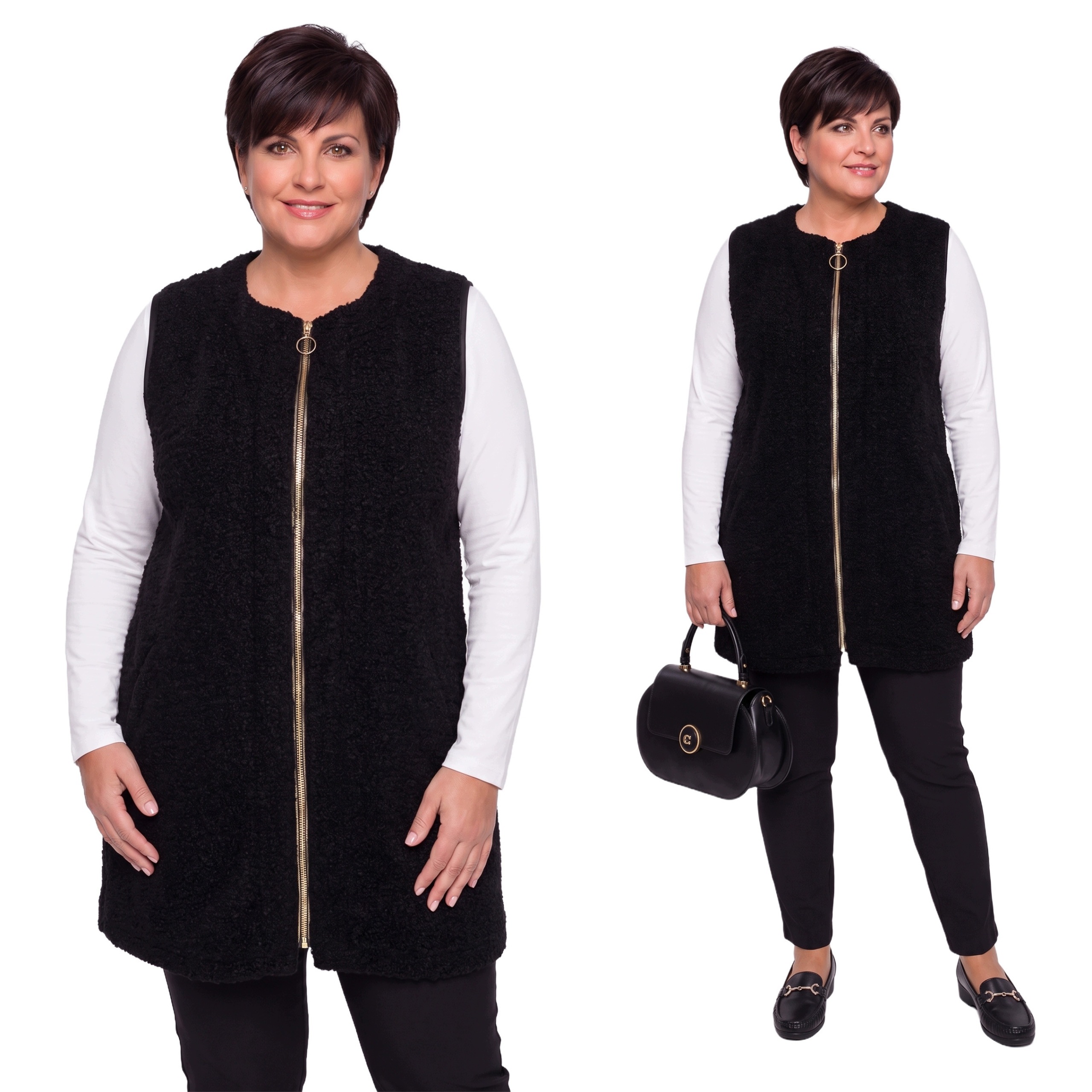 Černá vesta se zlatým zipem plus size velikost 62