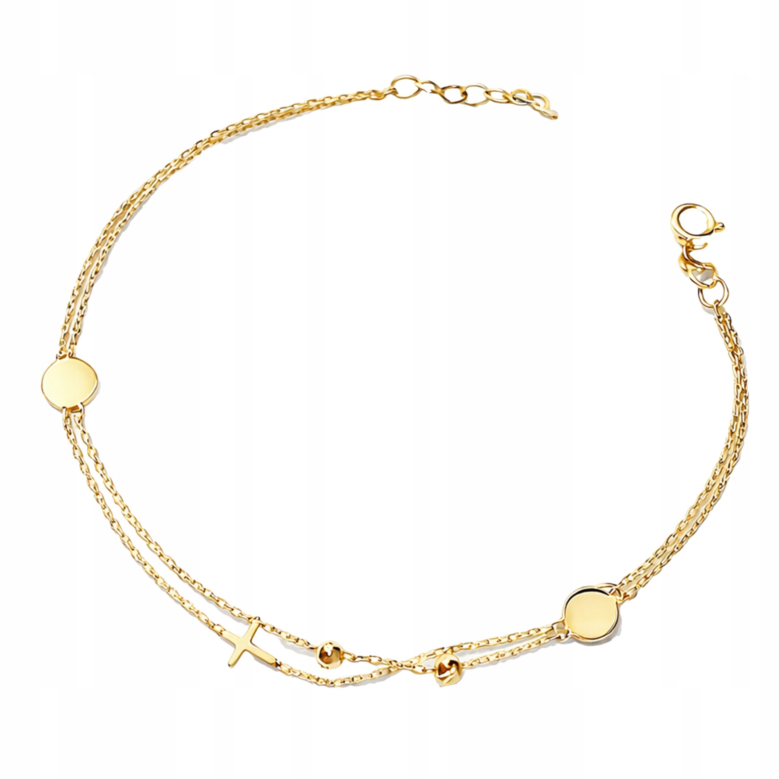 Zlatý náramek 585 dvojitý s kuličkami a křížkem jako dárek, moderní