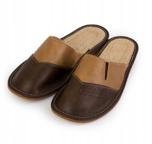 

Kapcie Męskie Skórzane Domowe Brąz-camel Laczki