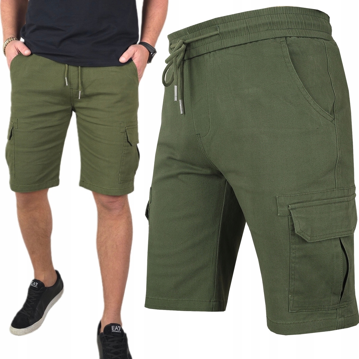 Spodenki męskie Jeansowe Bojówki krótkie spodnie Pas z Gumką Zielone r. XL