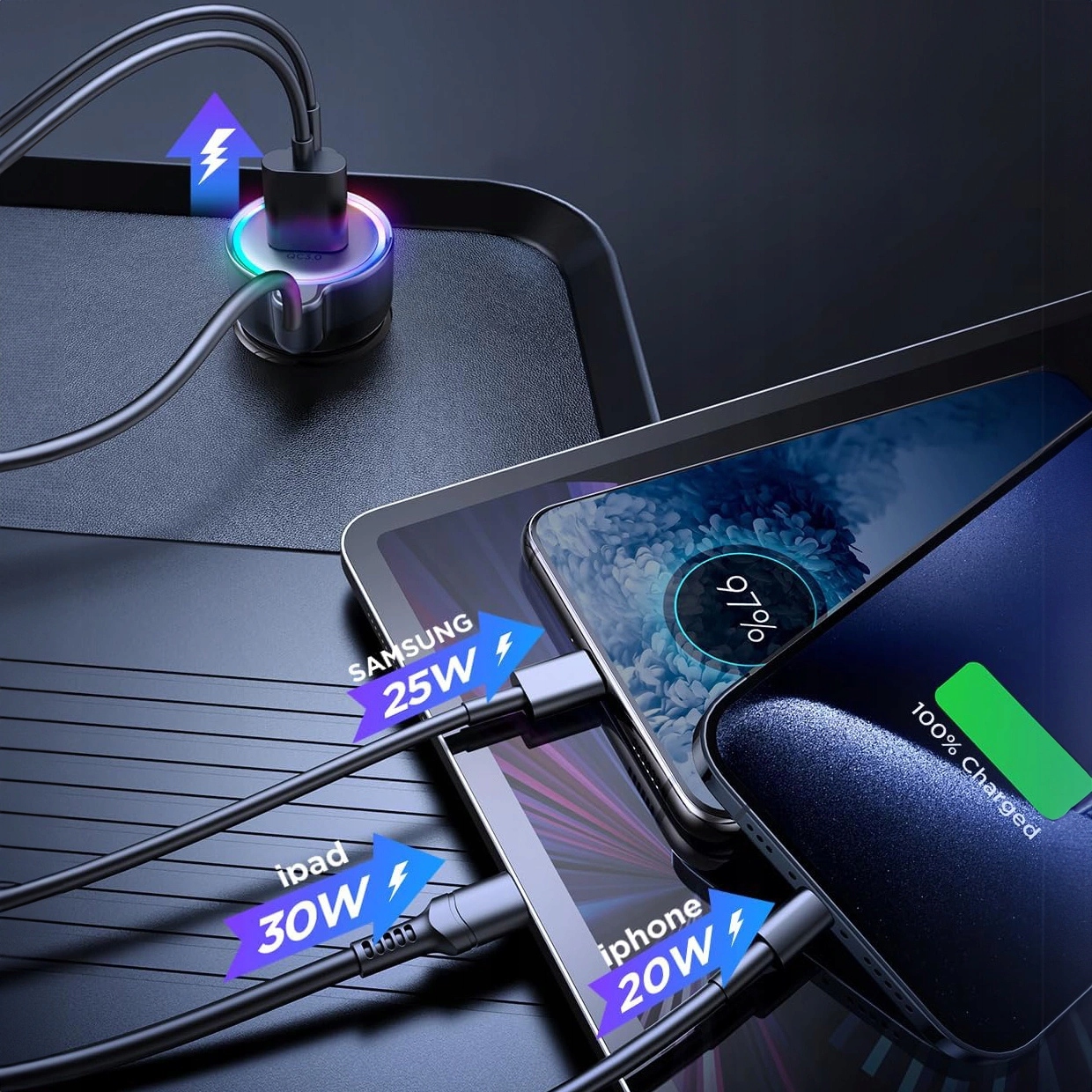 Joyroom szybka ładowarka samochodowa 3 w 1 z kablem USB Typ C 1,6m 60W czar Prąd wyjściowy 4000 mA