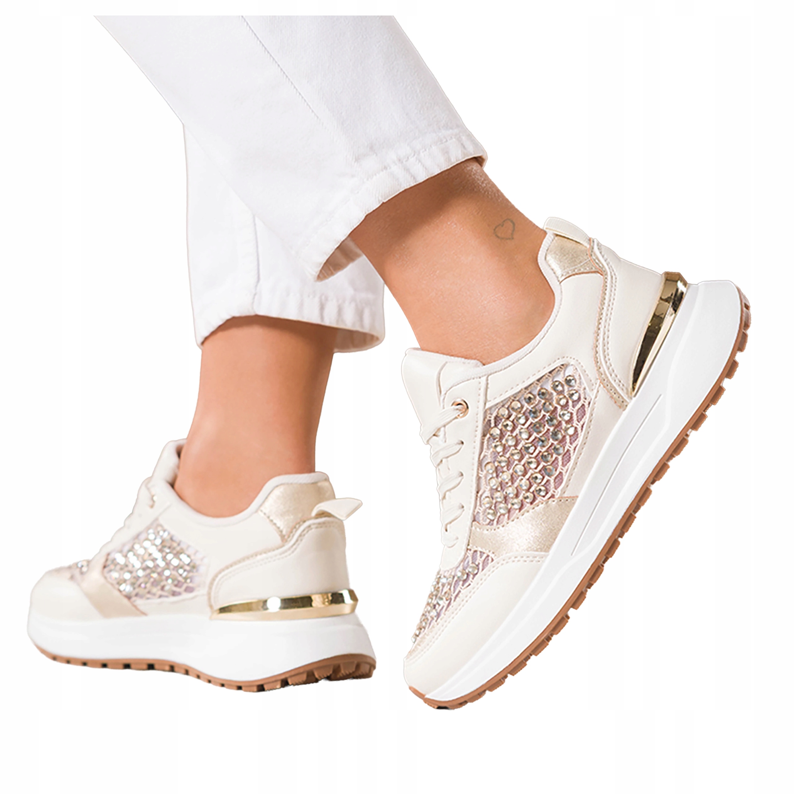 Světle béžové dámské šněrovací tenisky s krystaly Na Platformě, velikost 36