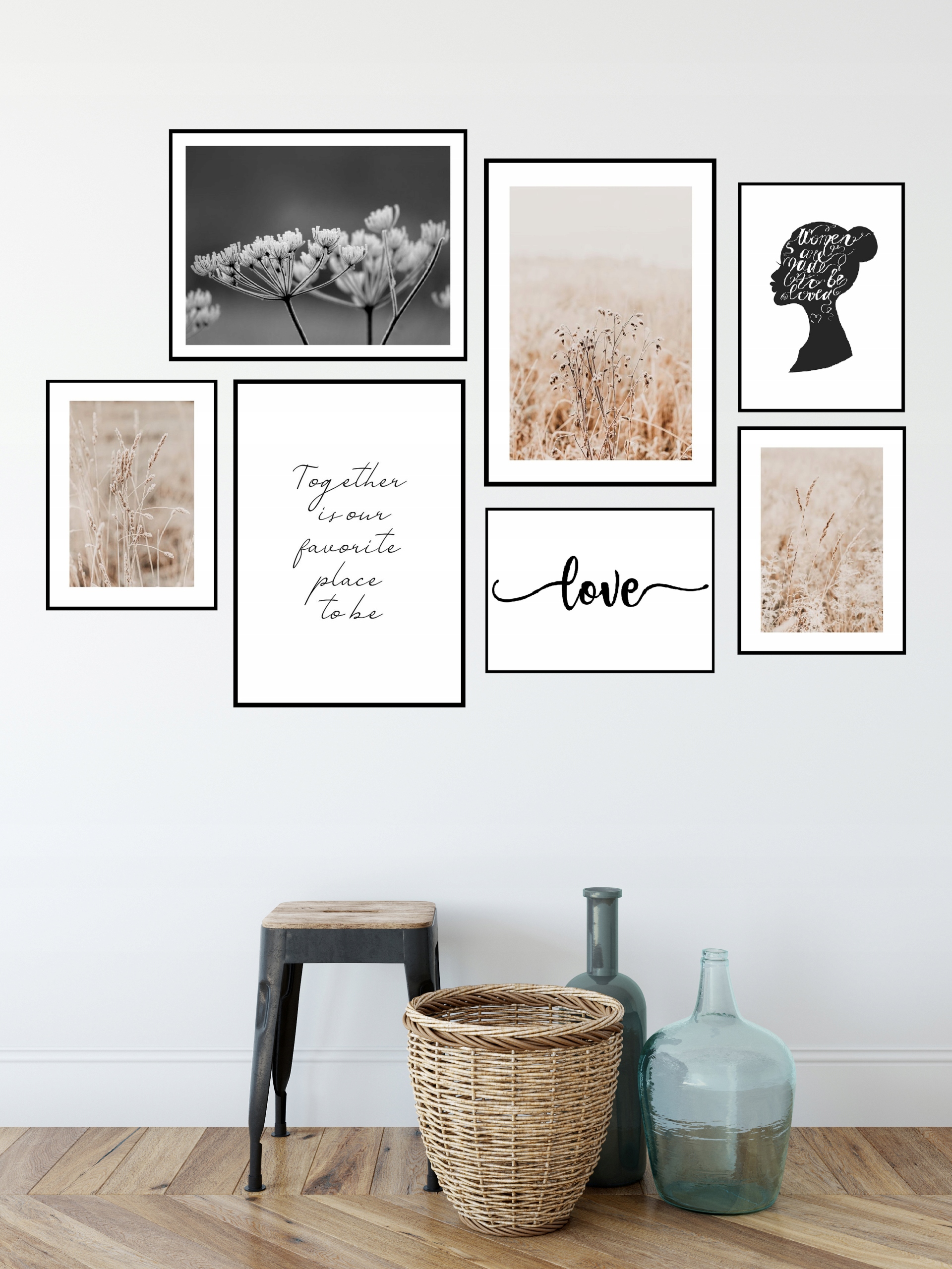 Duży zestaw 7 plakatów eviero beże szarości napisy Marka inna