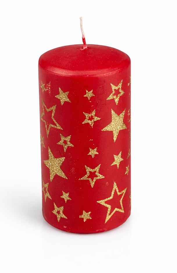 Świeca ozdobna walec – czerwona ze złotymi gwiazdami,12,5 cm, Ø5,0cm, 210g