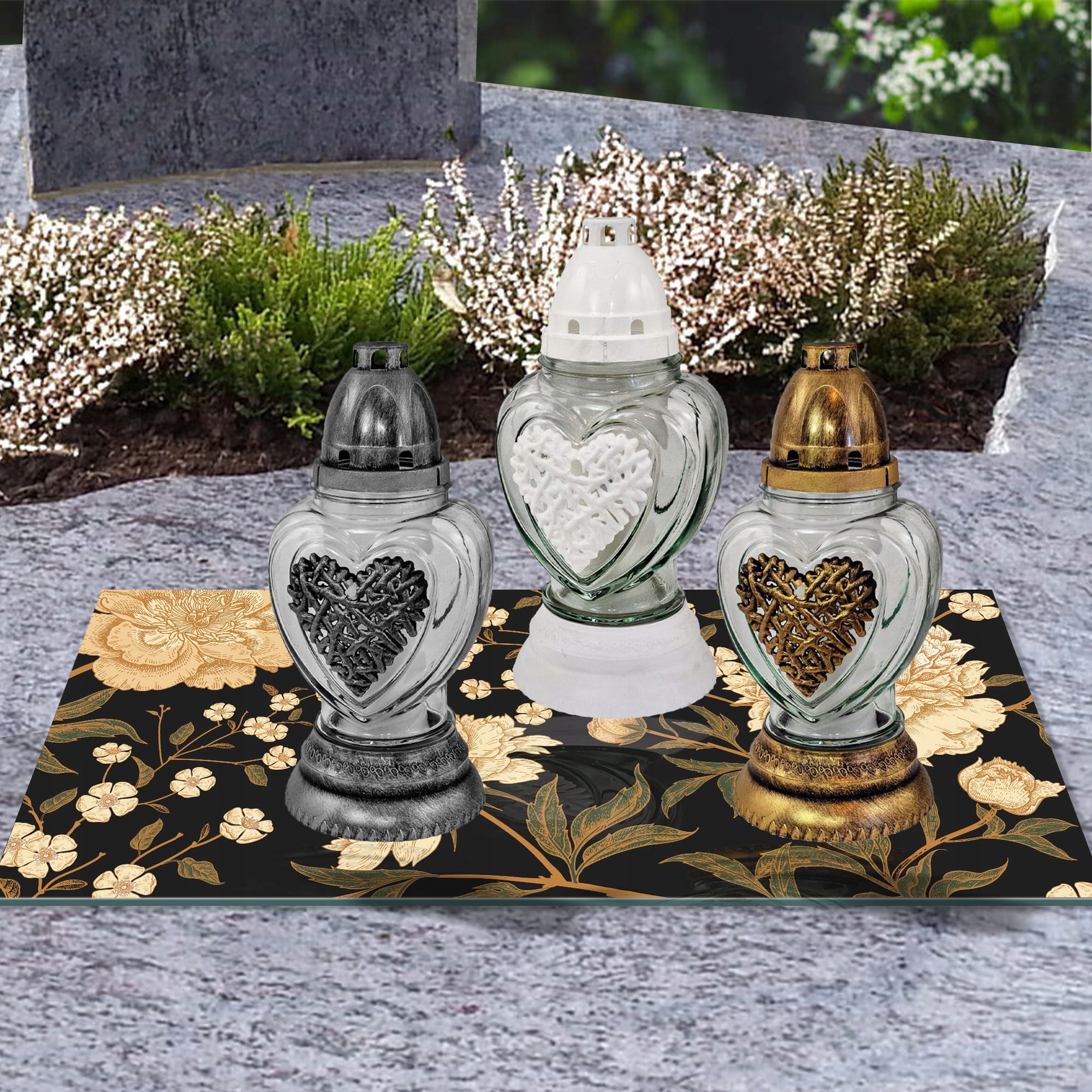 SZKLANA PODSTAWKA POD ZNICZE 60x20cm Piwonie 365c Materiał szkło hartowane