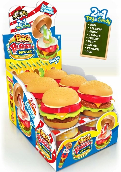 Johny Bee Big Burger Lízátko S Práskacím Práškem v prášku Hračka Burger 26 g 12 kusů