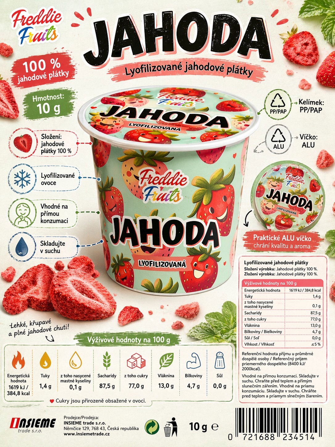 Lyofilizovaný jahoda Freddie Snack - plátky 10g