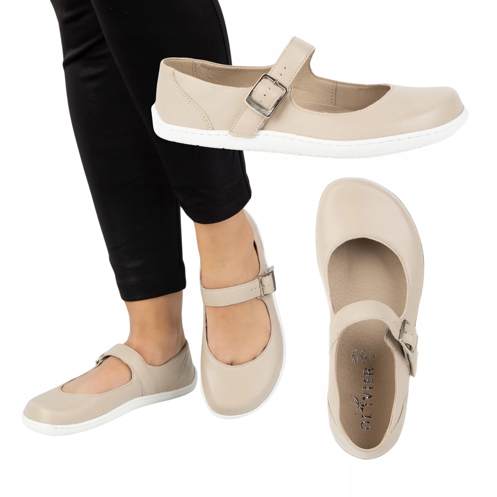 Dámské barefoot baleríny Olivier 1286 kožené s přezkou, béžové, velikost 42