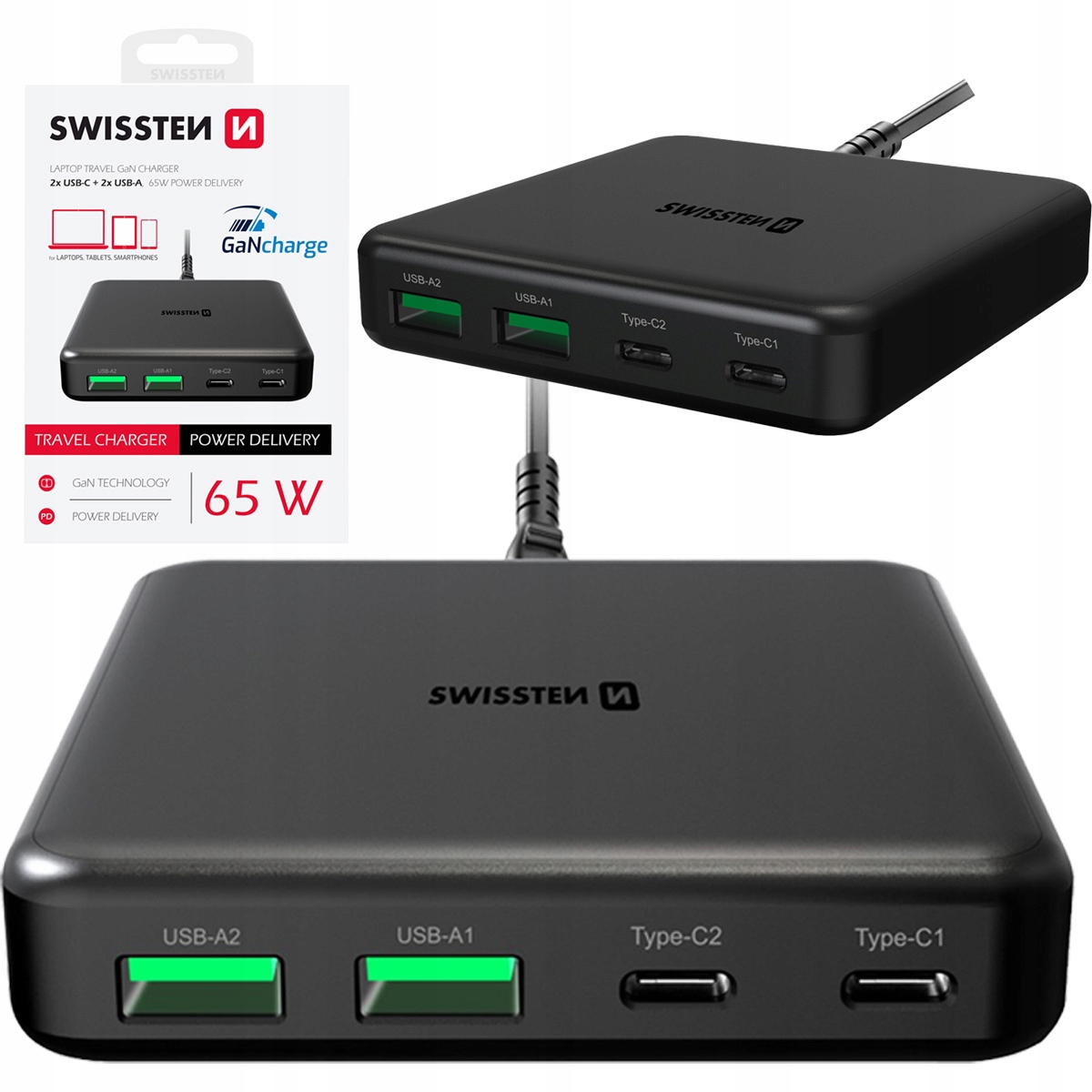 Ładowarka podróżna do laptopa tabletu smartfona Swissten 65W Pd GaN