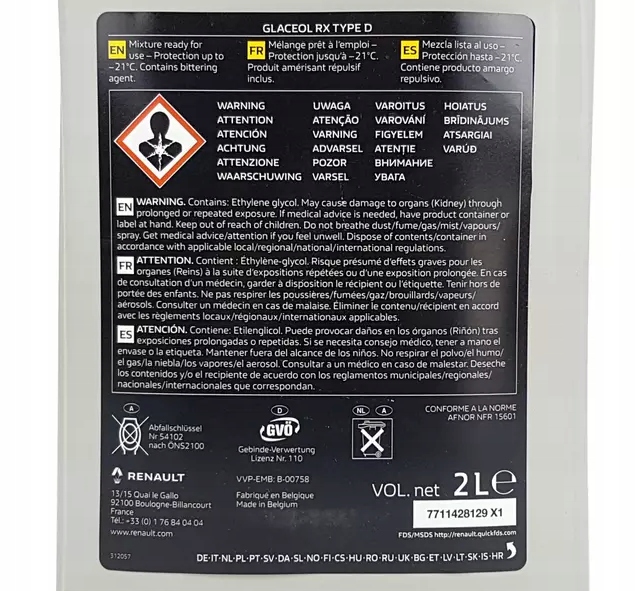PŁYN CHŁODNICZY RENAULT - GLACEOL RX TYPE D - 2L EAN (GTIN) 0915245663555