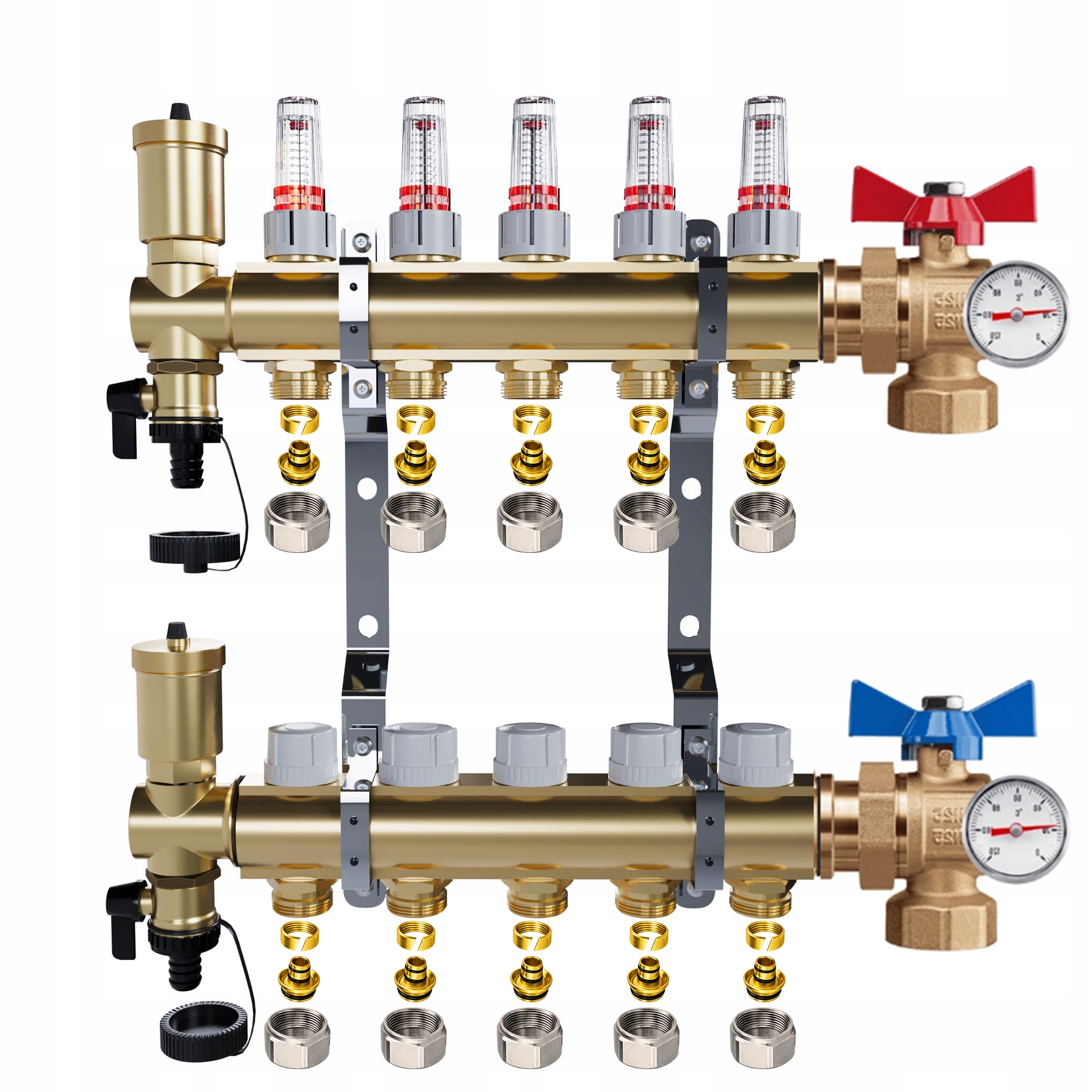 Rozdělovač mosazný Podlahovky 5 okruhů Kulové ventily Teploměr Pex