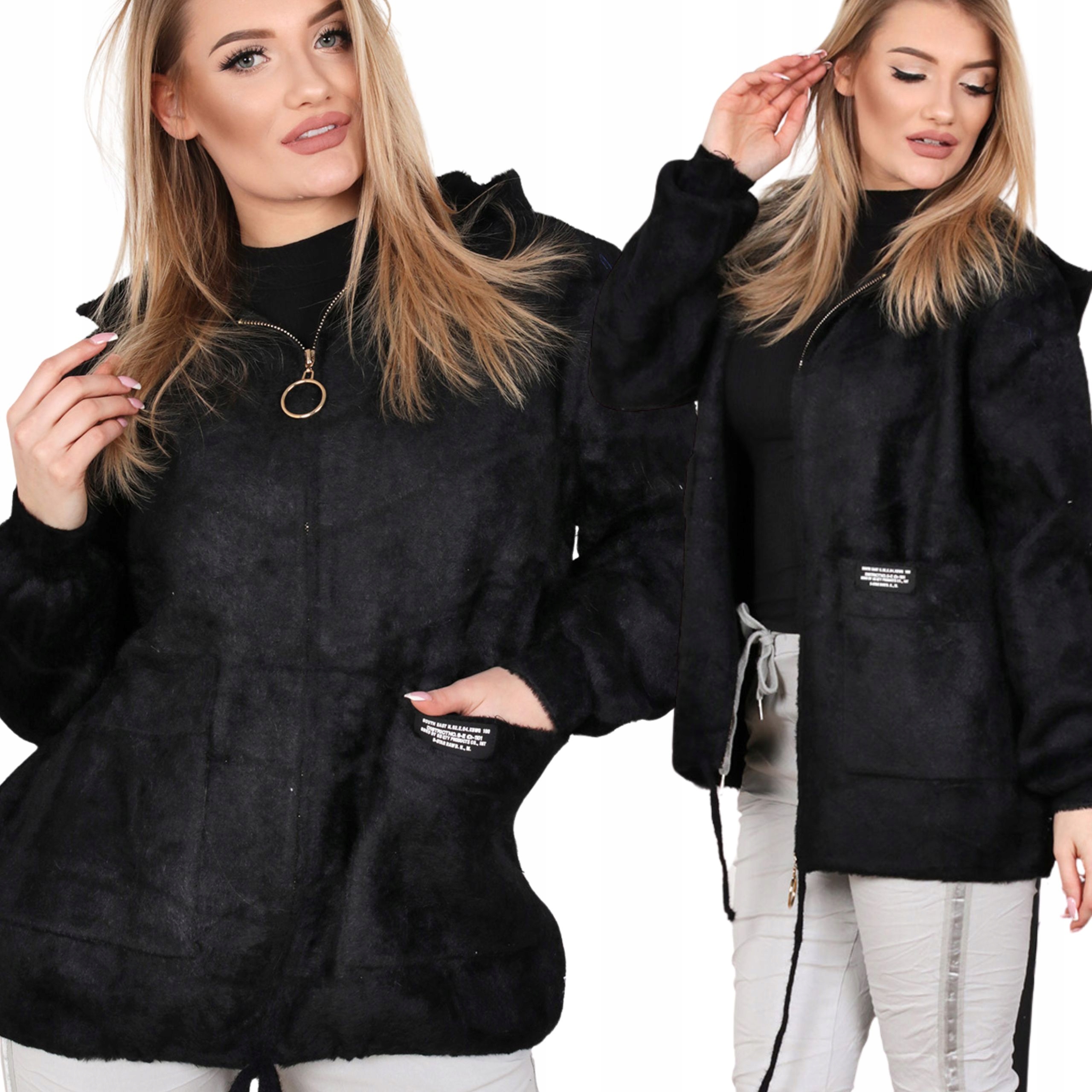 Kurtka Bluza Sweter Alpaka Damska Kobieca Kaptur Sport Ciepła Czarna 2142