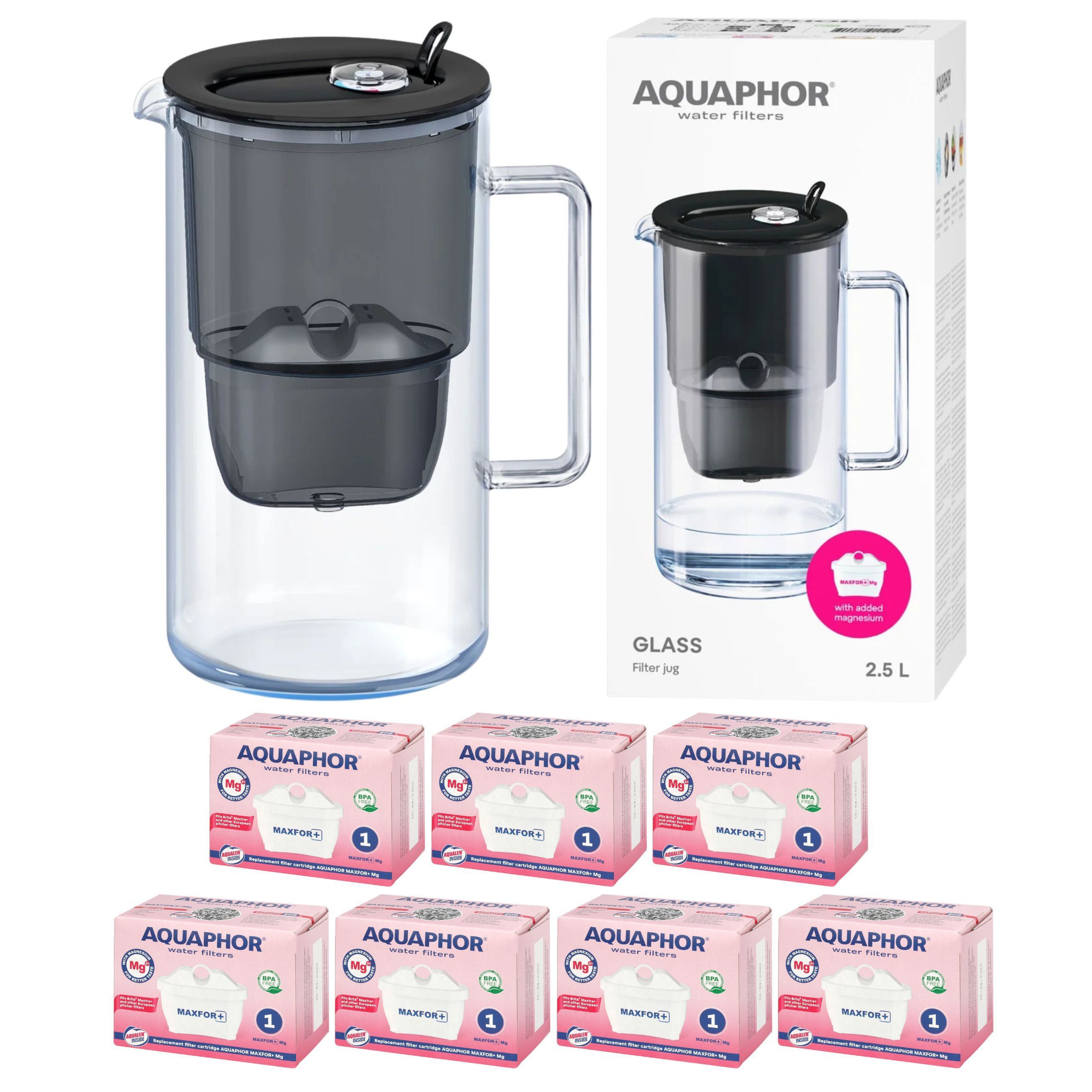 Džbán Aquaphor Glass čierny 2,5L sklenený na vodu 7 filtrov Maxfor+ Mg