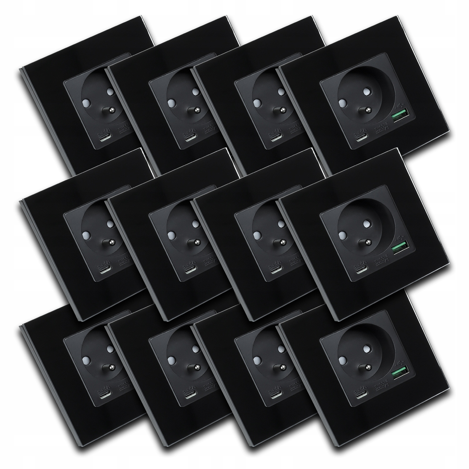 12x Skleněná Černá Elektrická Zásuvka Kontakt Nástěnná Usb Nabíječka