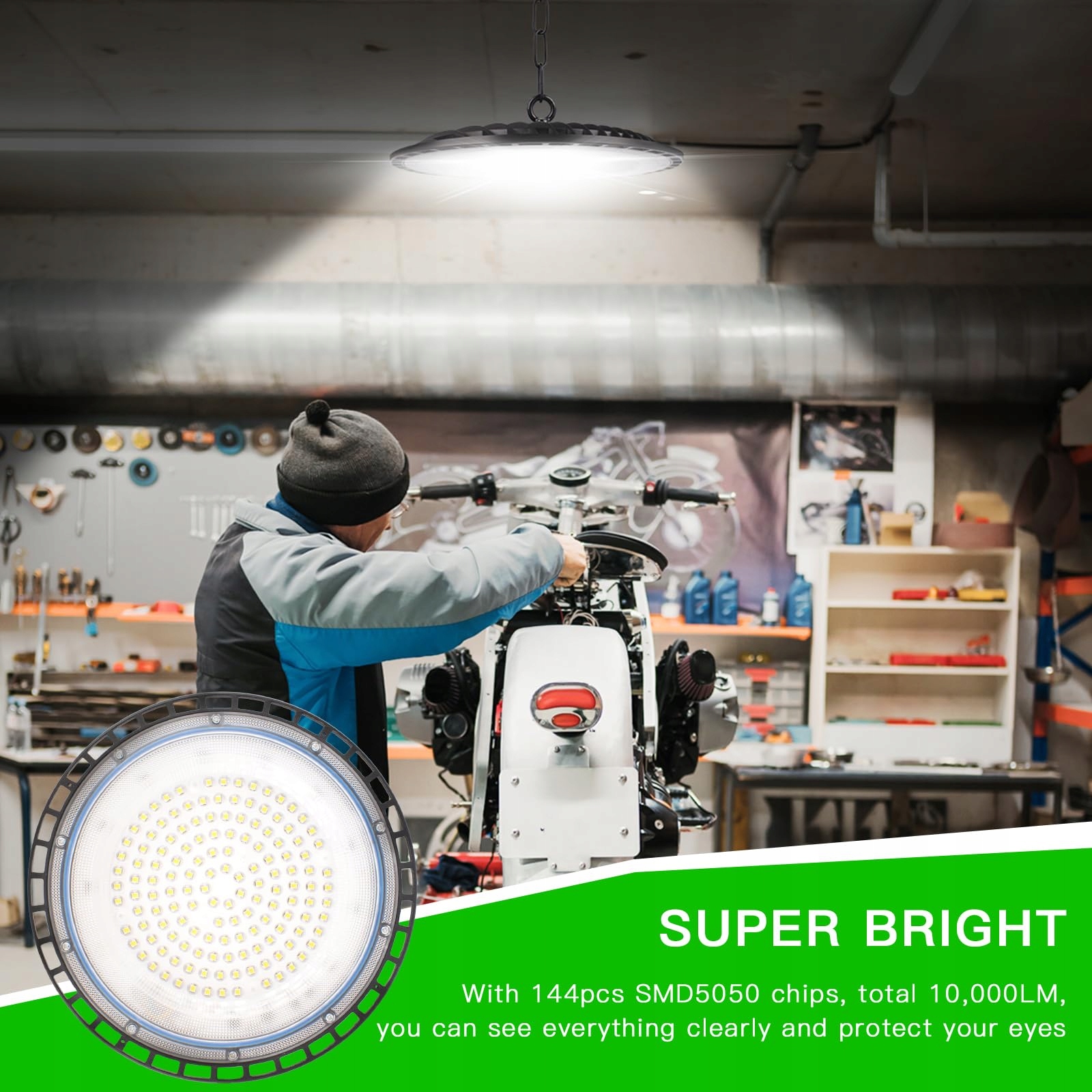JINABLOSSY 100W UFO LED Lampa Przemysłowa 6000K 10000LM IP65 Warsztat Garaż — miniatura 2