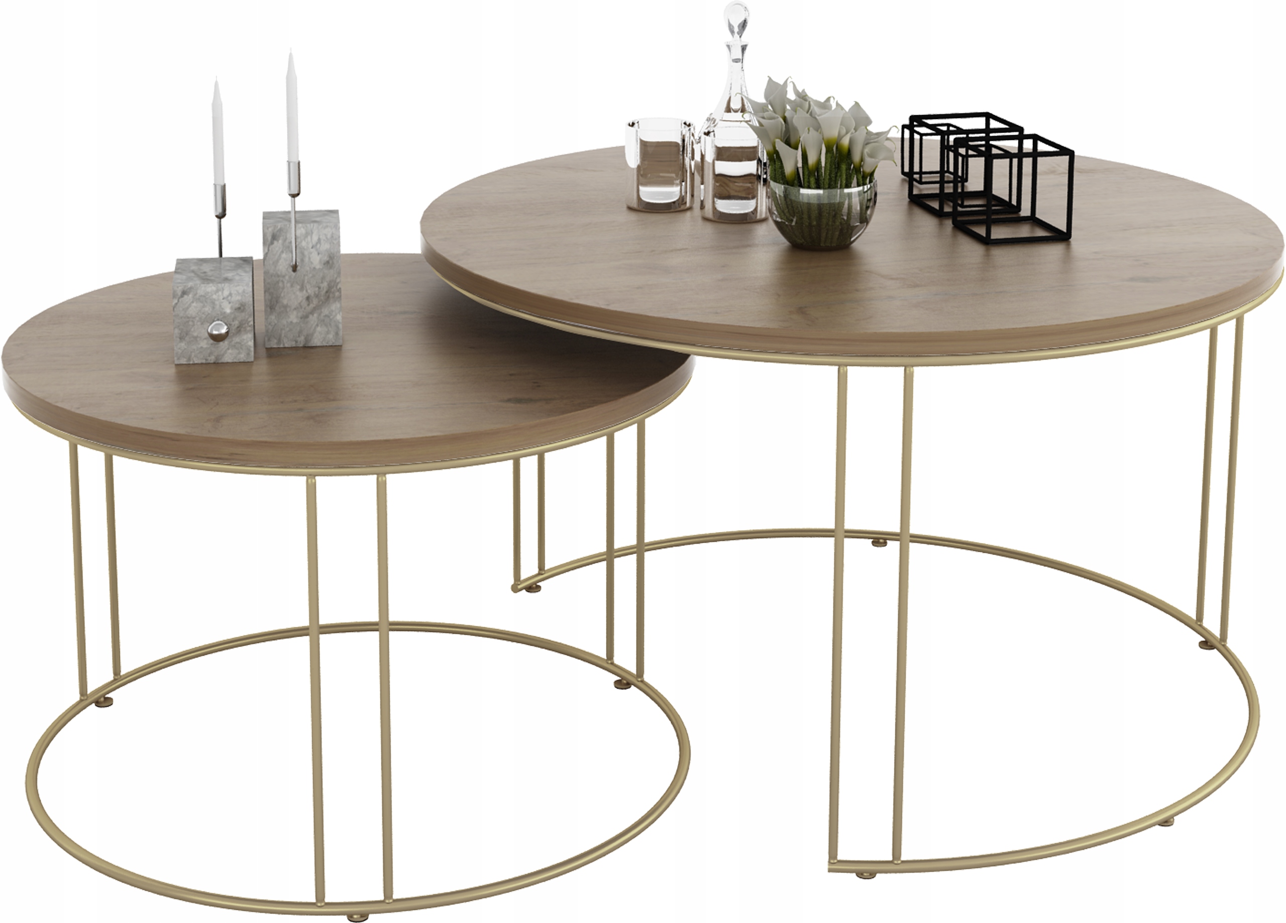 Zestaw Okrągłych Stolików Kawowych 2w1 Salon Loft Złoty+Dąb Lancelot
