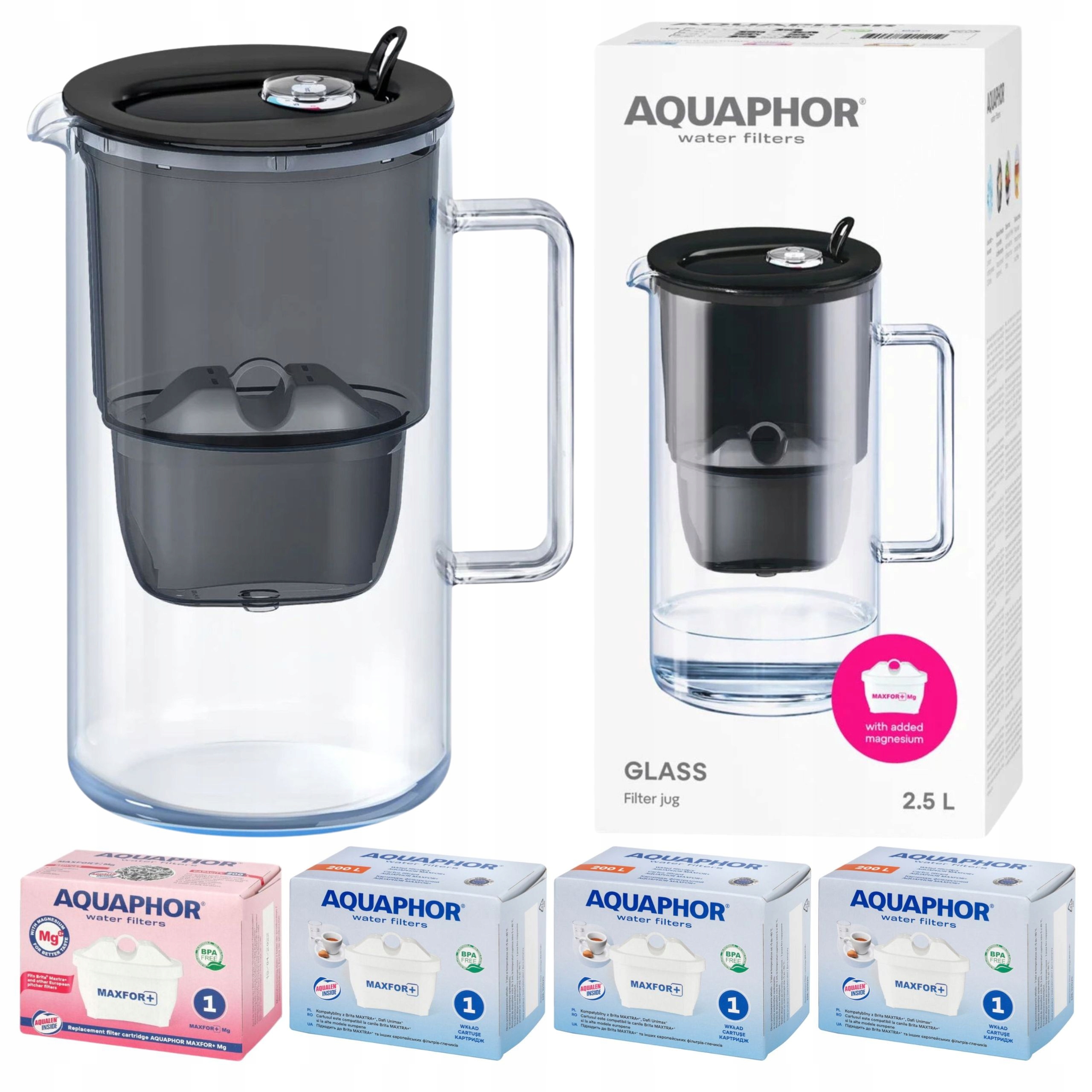 Filtrační konvice skleněná Aquaphor Glass černá 4 filtry Maxfor (1 mg 3)