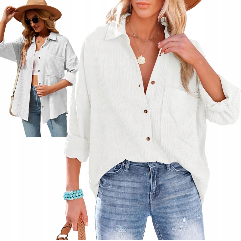 ELEGANCKA KOSZULA DAMSKA MUŚLINOWA LUŹNA OVERSIZE STYLOWA BIAŁY R. L