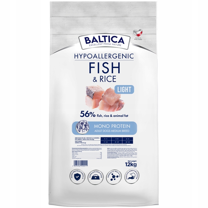 Baltica Hypoallergenic Fish & Rice Light Adult Medium Breeds 12kg