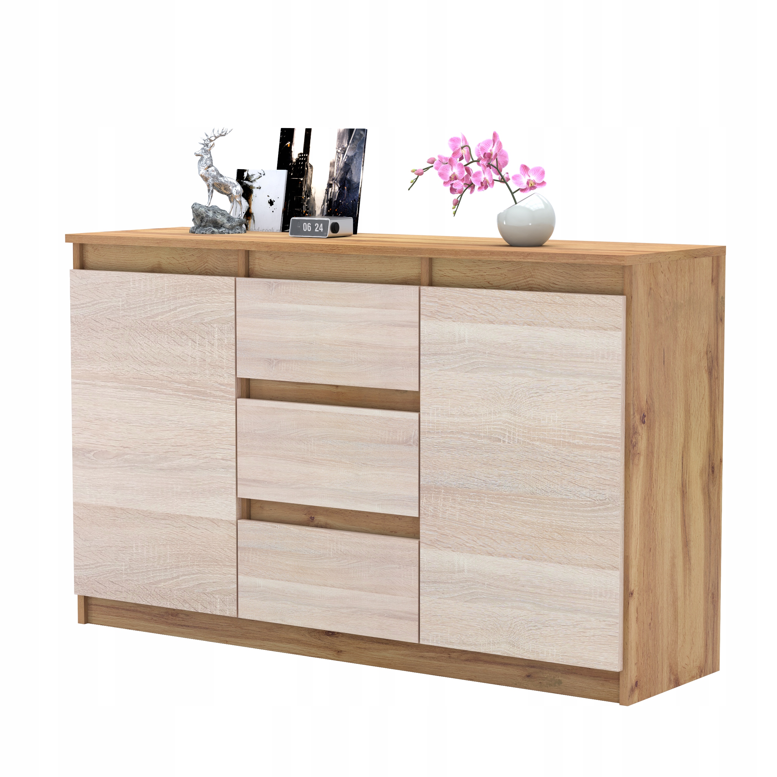 Komoda AGA 120CM DĄB WOTAN Nowoczesna Pojemna Szafka 3 Szuflady MIX KOLORÓW Wysokość mebla 75 cm