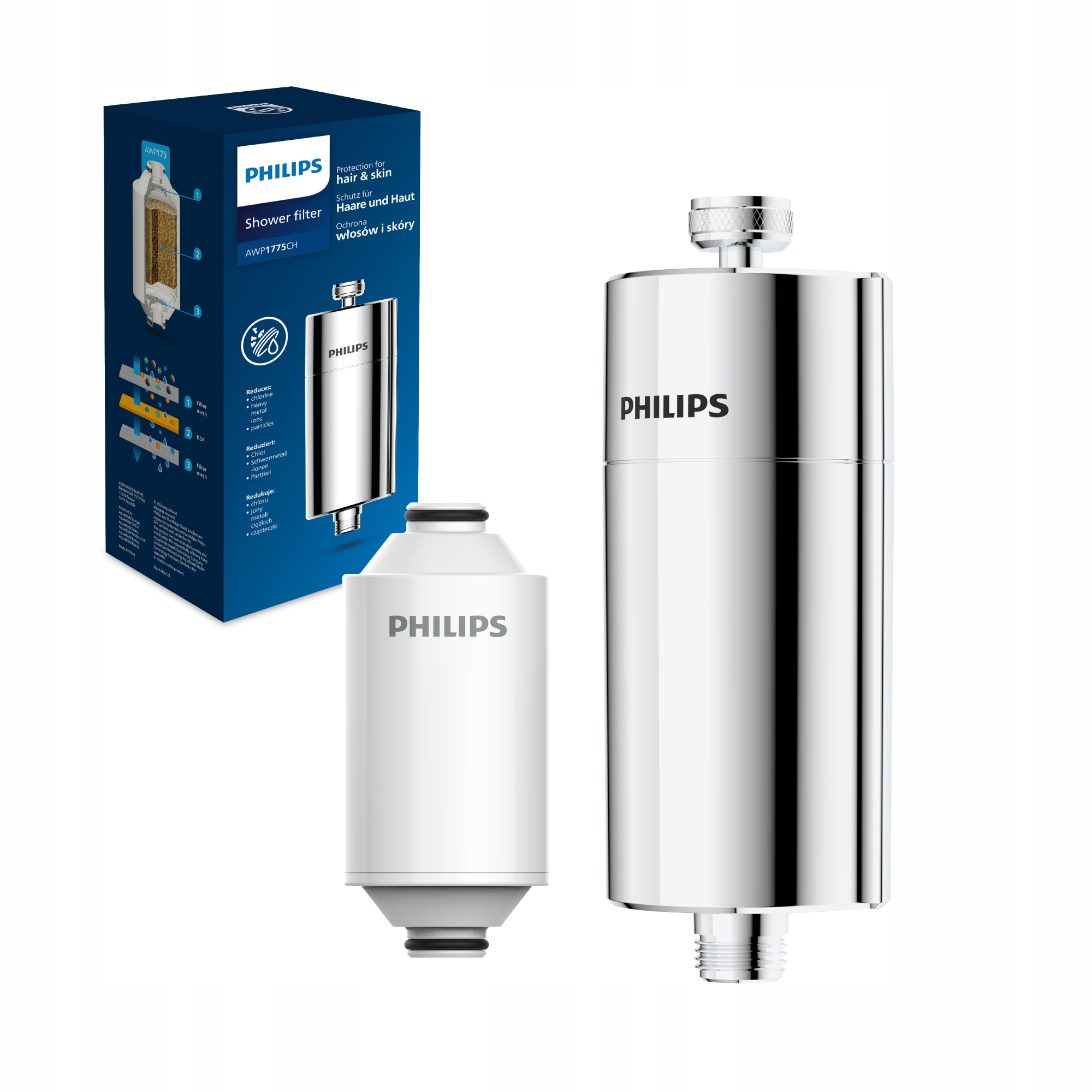 Filtr do wody prysznicowy Philips AWP1775CH chrom usuwa chlor zmiękcza wodę