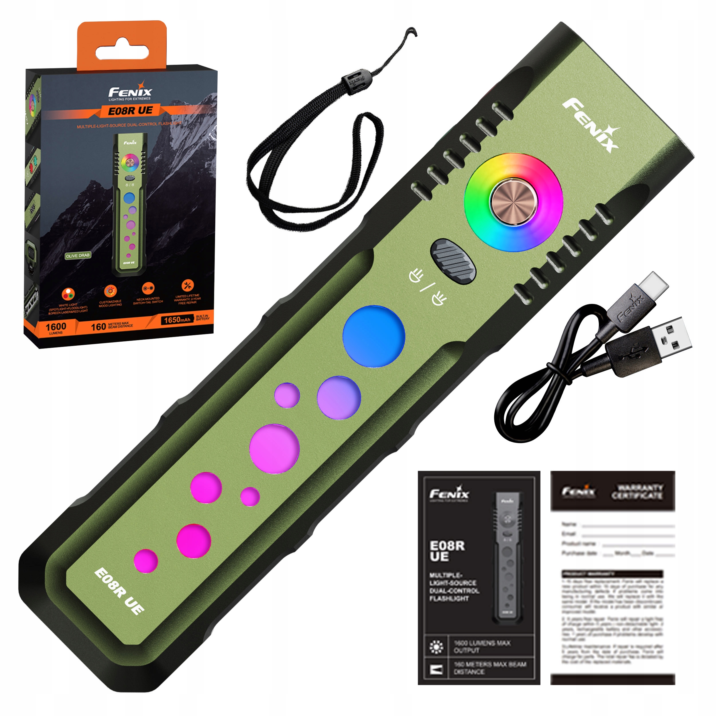 Fenix E08R Ue Oliwkowa – Latarka Edc 1600 lm Usb-c Kompaktowa