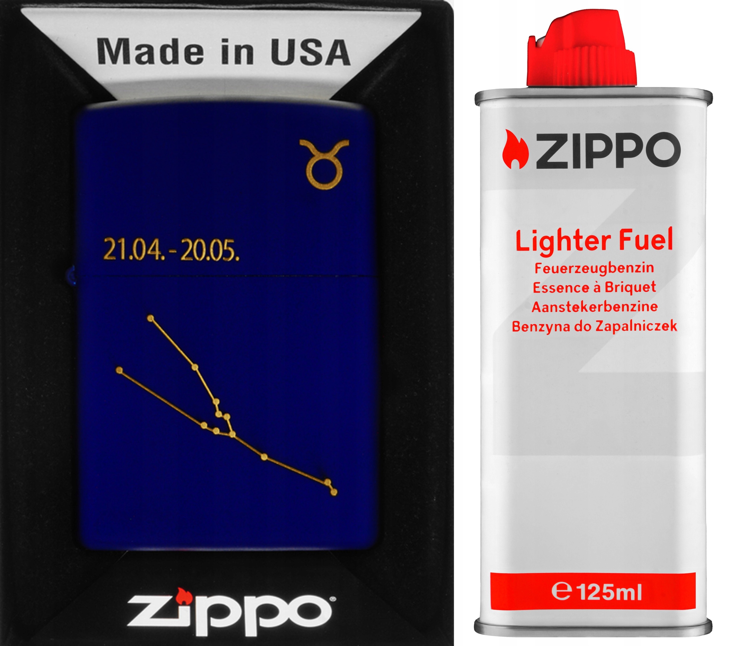 Sada Zippo Zapalovač Zodiac Taurus Design Býk Benzín 125 ml
