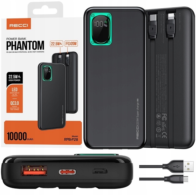 Szybki Powerbank 10000MAH 22,5W Qc 3.0 Pd Kabel Lightning Usb-c Recci