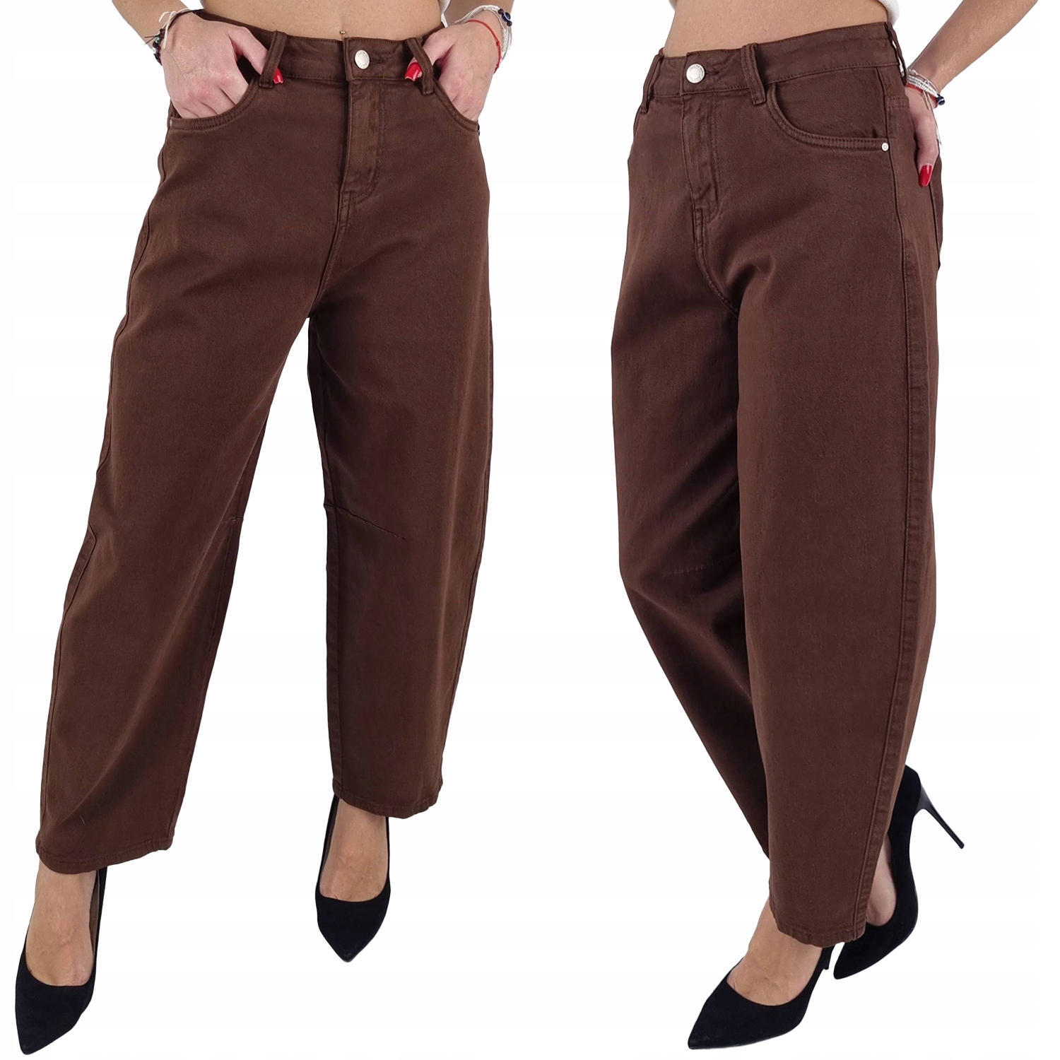 Spodnie Jeans damskie Balloon Luźne M.Sara wysoki stan Brązowe Czekolada