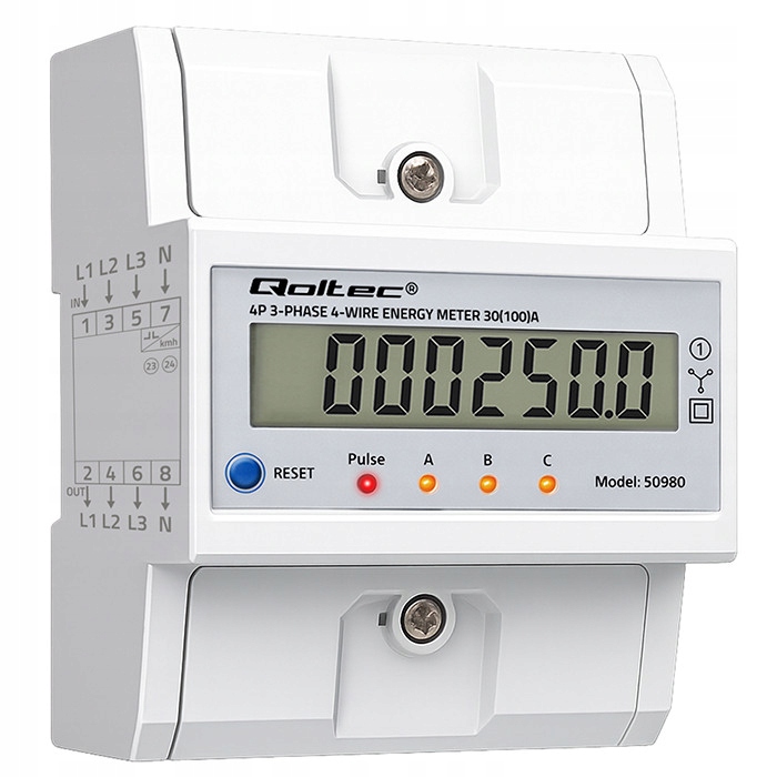 3-fázový elektroměr 400V 100A LCD Reset 4P na Din lištu Qoltec