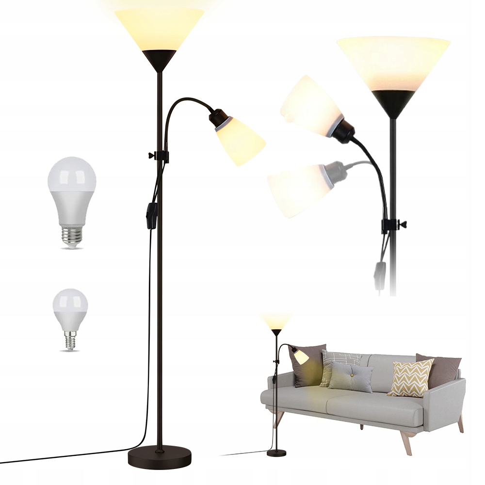 Stojací Podlahová Lampa 2xE27 Moderní Černá Nastavitelná Do Obývacího Pokoje 164 cm