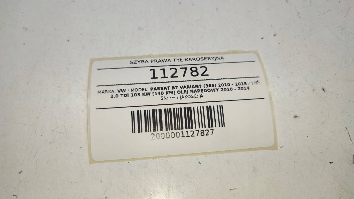 SZYBA PRAWA TYŁ KAROSERYJNA VW PASSAT B7 KOMBI VARIANT AS2 2012 CHROM Typ samochodu Samochody osobowe