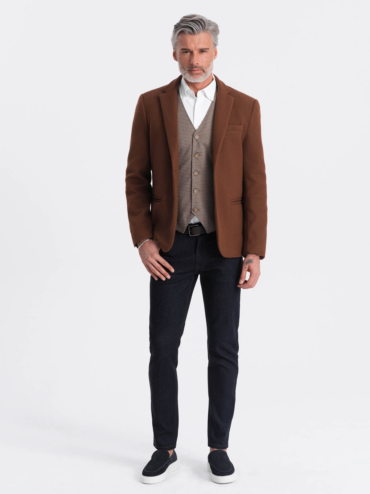 Marynarka męska casual z guzikami czekoladowy brąz V1 OM-BLZB-0118 M EAN (GTIN) 5902228927778