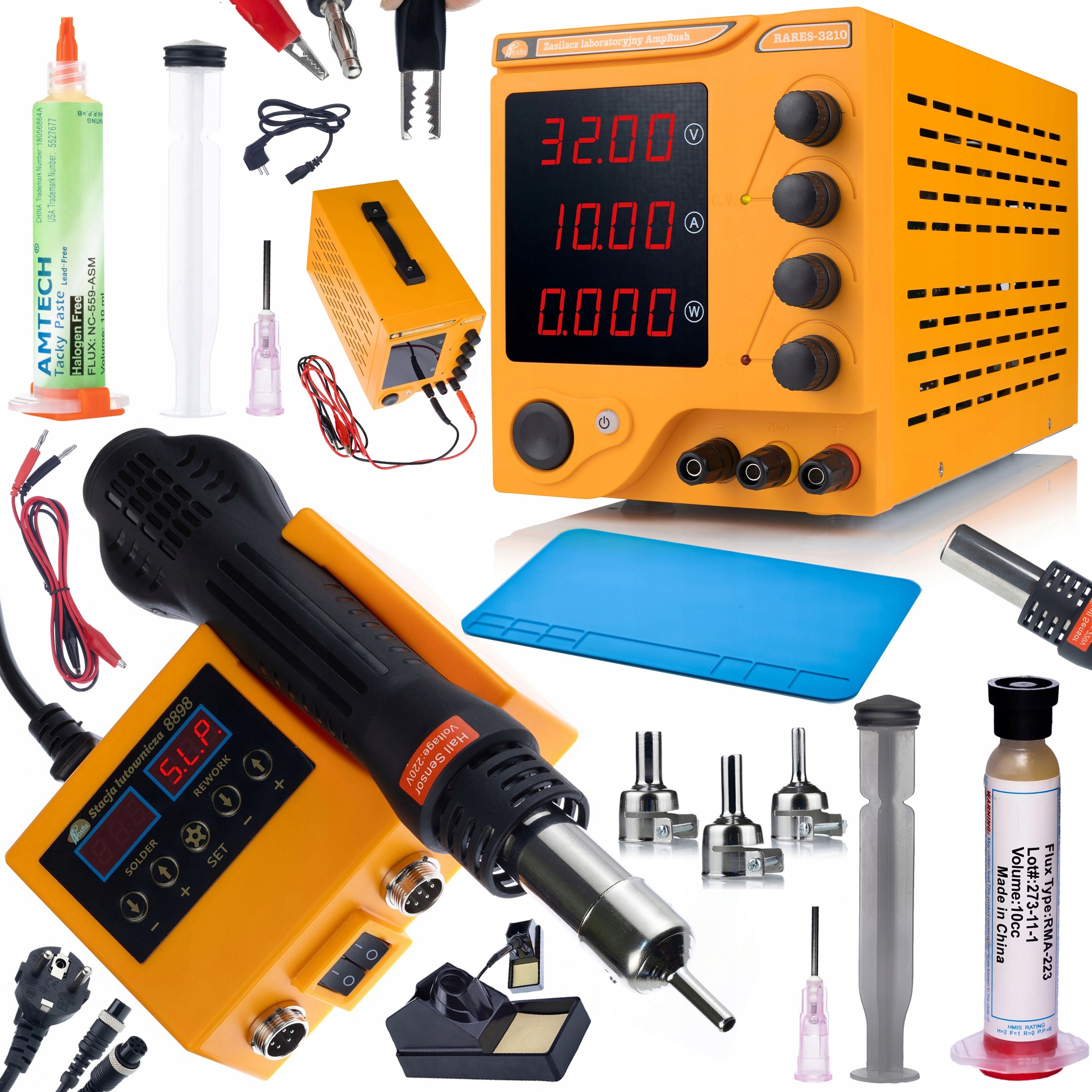 Laboratórny Napájací Zdroj 32V 10A Spájkovacia Stanica 2V1 Tavidlá Flux Rohož