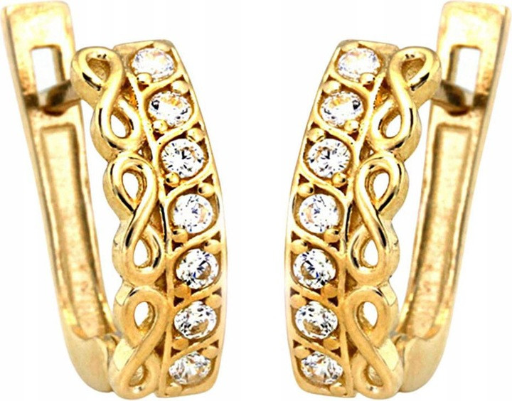 Zlaté náušnice 585 čárky s bílými zirkony a nekonečnem 14kt