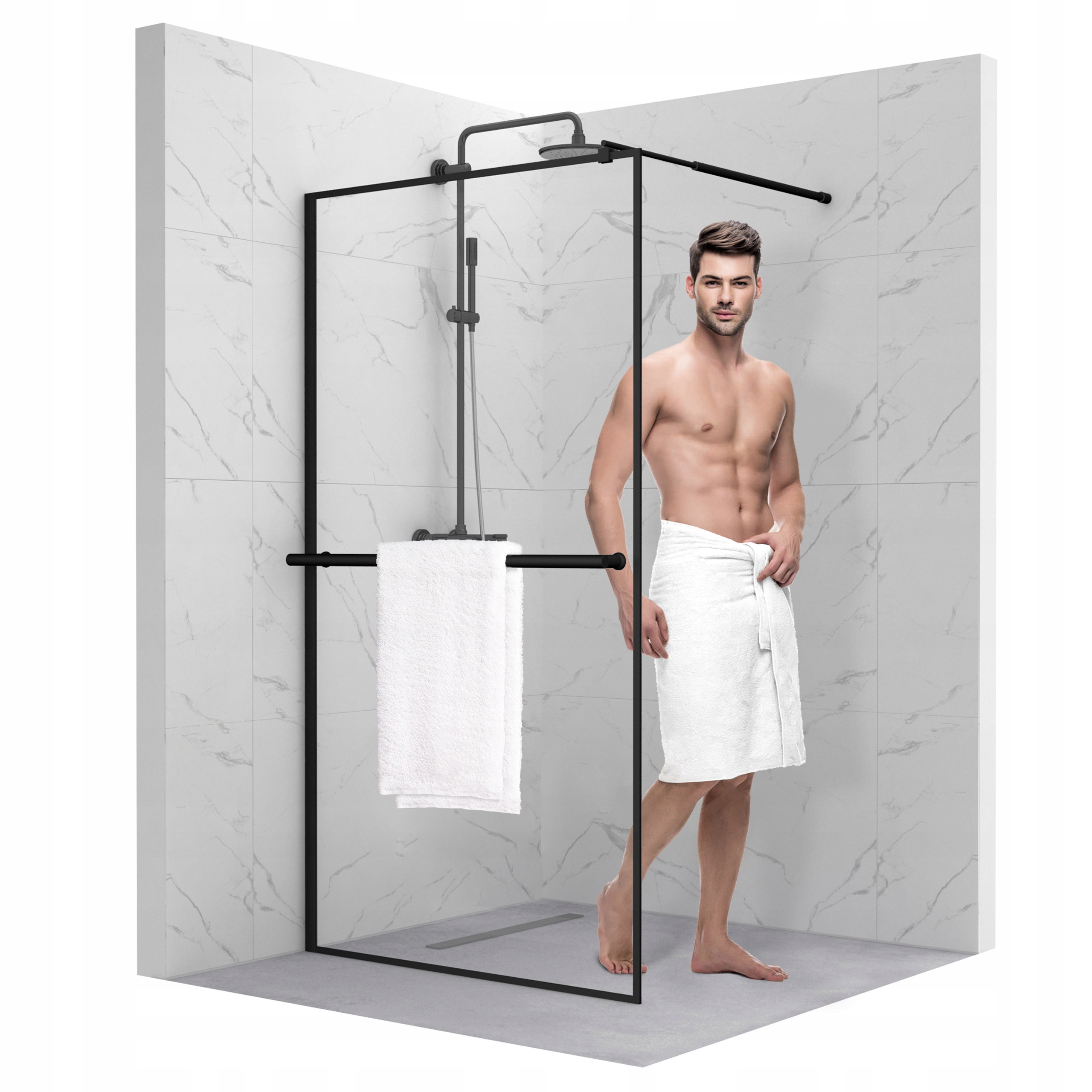 Ścianka walk-in szyba prysznicowa 110CM szkło 8MM Esg wieszak ręcznik black