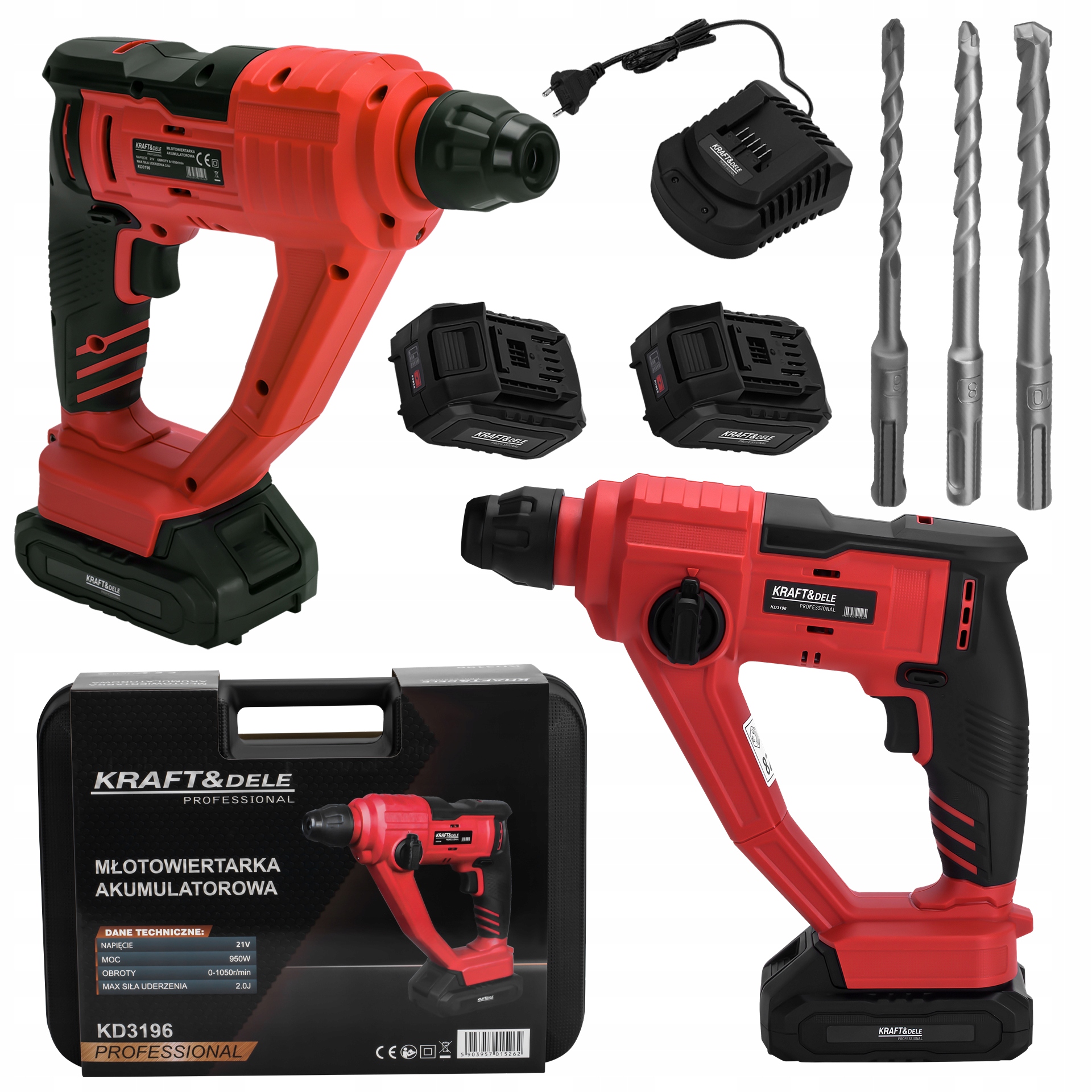Bezkartáčové vrtací kladivo 21V Sds Plus akumulátorové 2x 4Ah 2J Kraft&Dele
