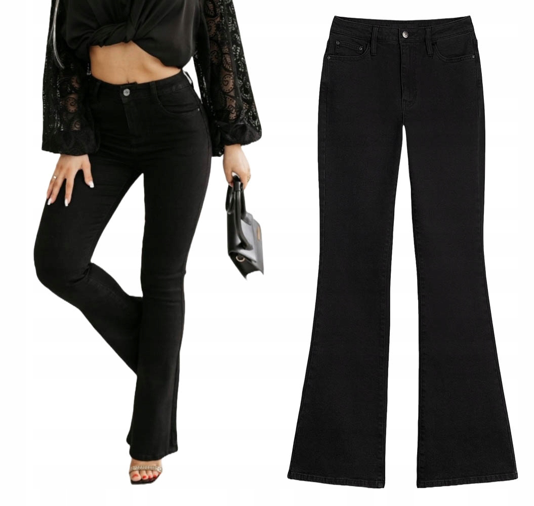 Dzwony Wyszczuplające Damskie Spodnie Jeansowe Flare Czarne Jeansy Bootcut