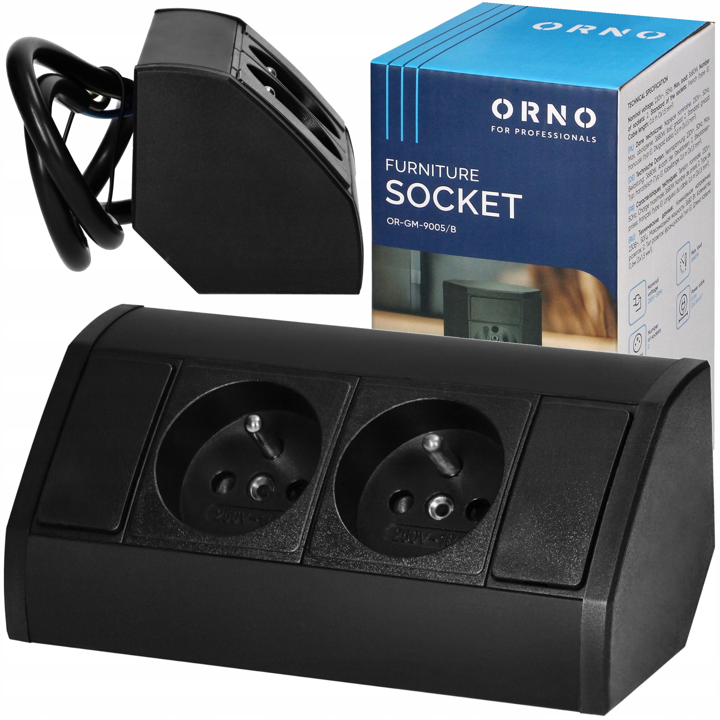 Gniazdo Podwójne Nablatowe Narożne Kuchenne Podszafkowe Kabel 0,6m Czarne