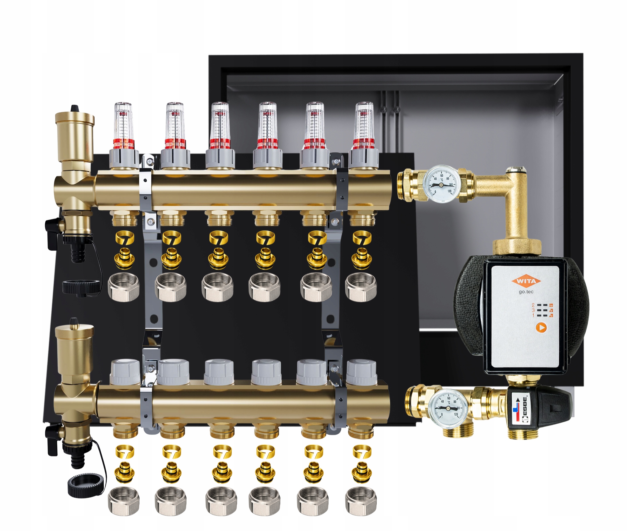 Rozdělovač pro podlahu 6 okruhů s čerpadlem Wita podomítková skříňka Pex