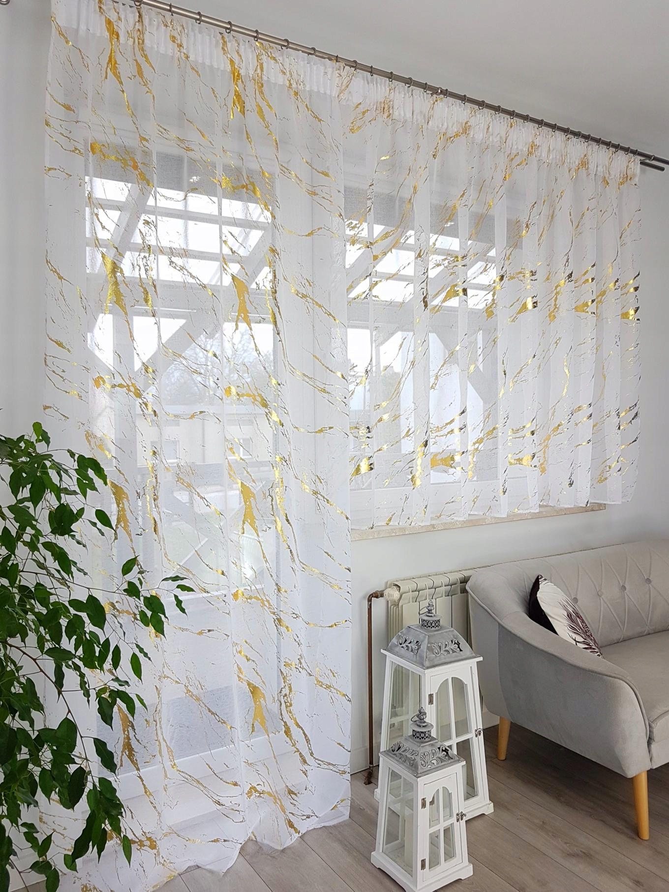 Komplet Firana Balkonowa Z Sable Ze Złotym Wzorem Firanki Do Salonu