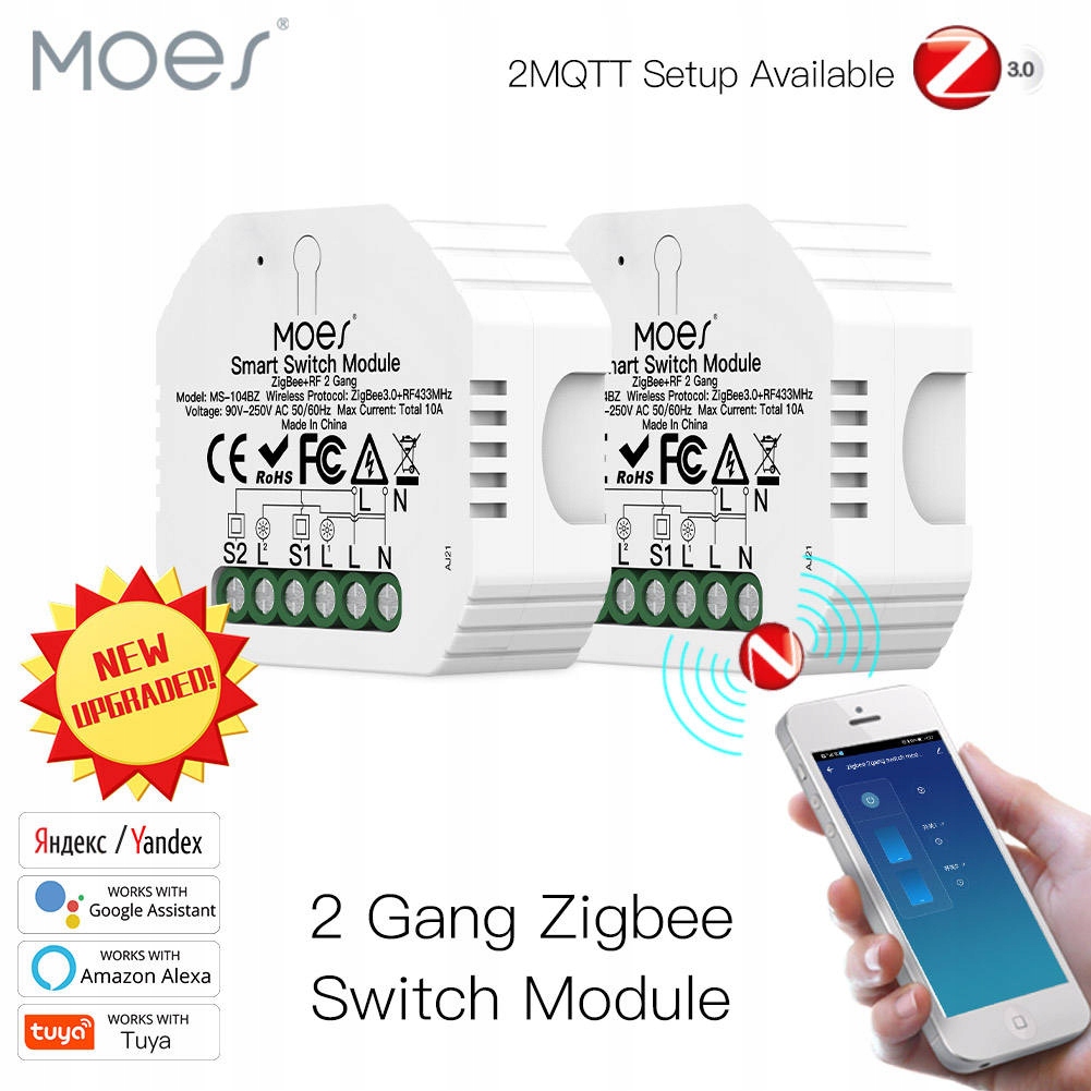 2XMOES Tuya ZigBee 3.0 Rf Modul inteligentního spínače světla 2 Gang