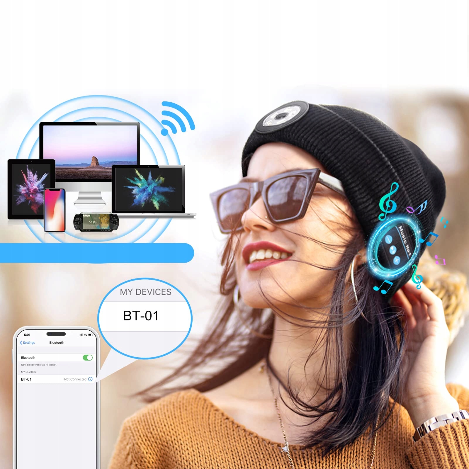 CZAPKA ZIMOWA LATARKA LAMPKA ROBOCZA MUZYCZNA LED Rozmiar uniwersalny