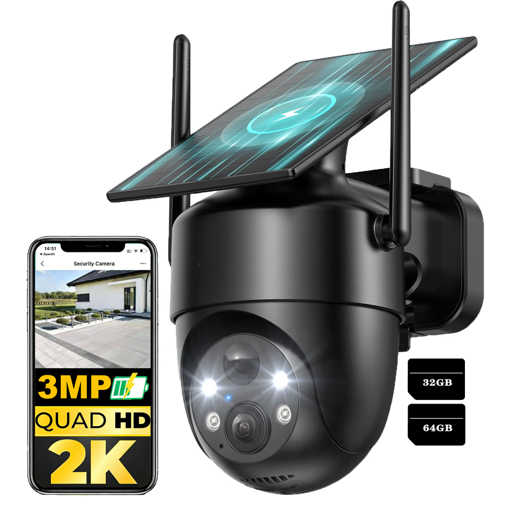 Solární otočná kamera 3MPx venkovní bezdrátová Ptz s paměťovou kartou
