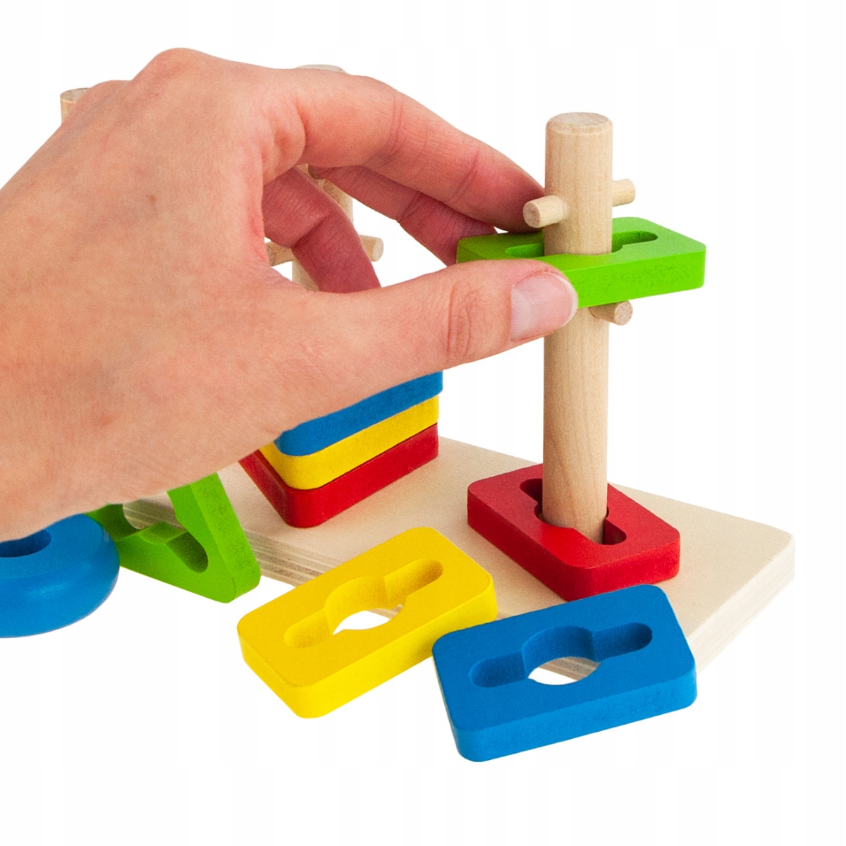 SORTER UKŁADANKA LOGICZNO ZRĘCZNOŚCIOWA DREWNIANA WIEŻA Z KLOCKAMI KRĄŻKAMI Materiał drewno