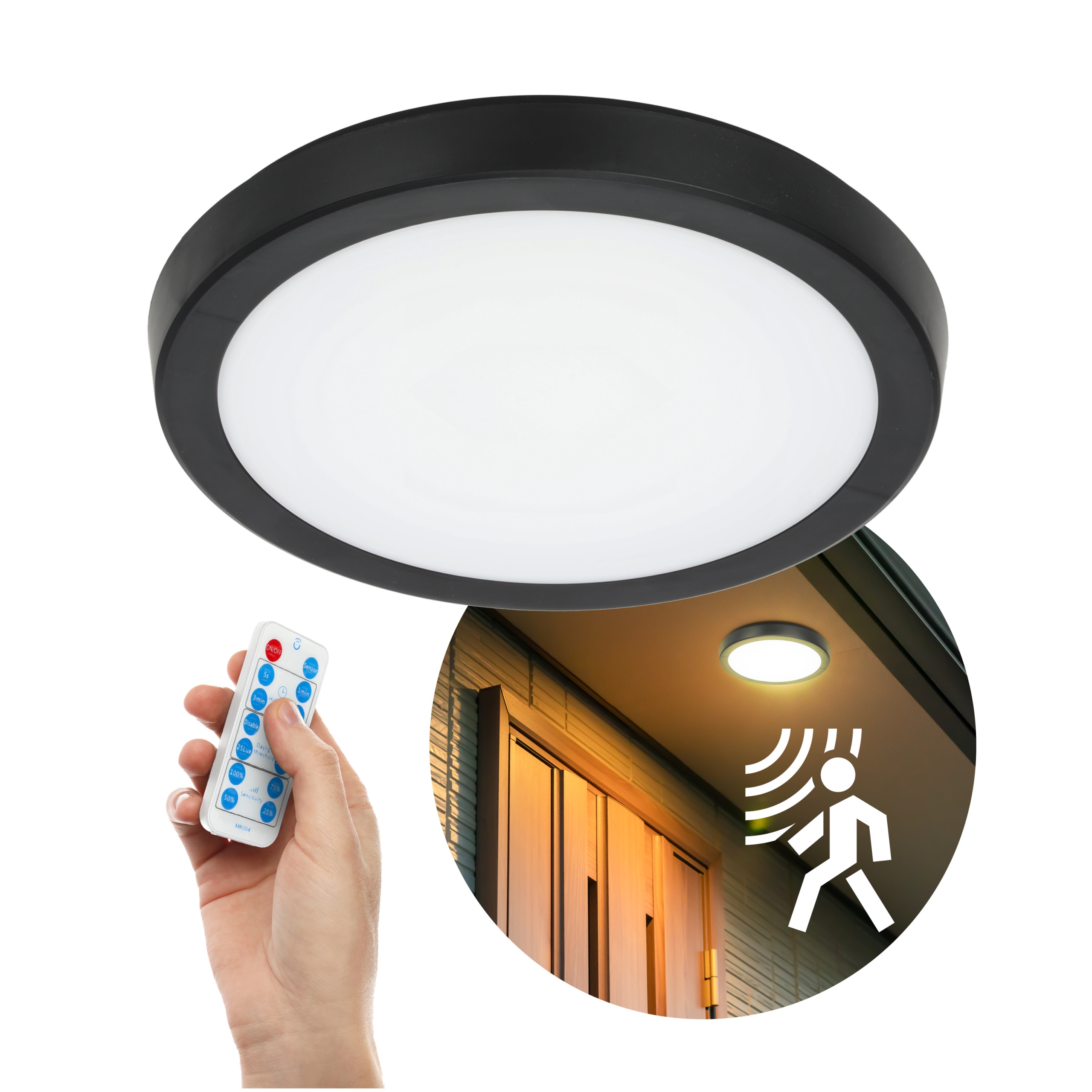 stropní svítidlo Led 24W s pohybovým senzorem Cct IP65, černá dálkový ovladač