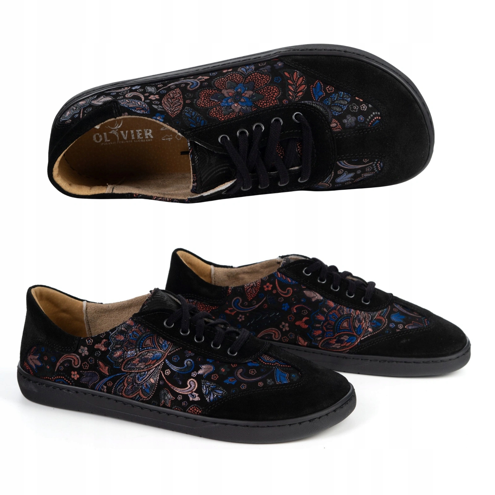 Dámské barefoot kožené boty Olivier Eliza černé s květy 40