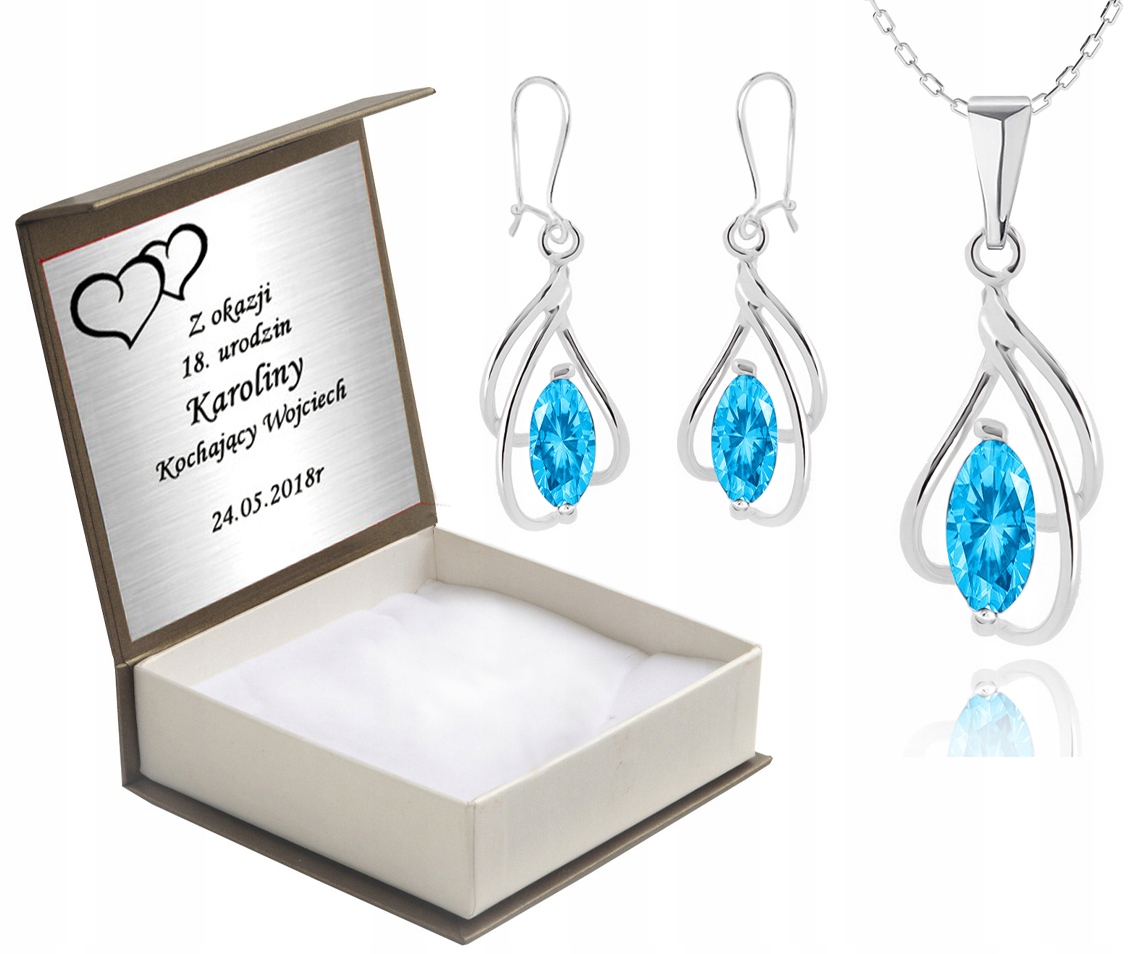 

Komplet Biżuterii Z Niebieskimi Cyrkoniami +grawer